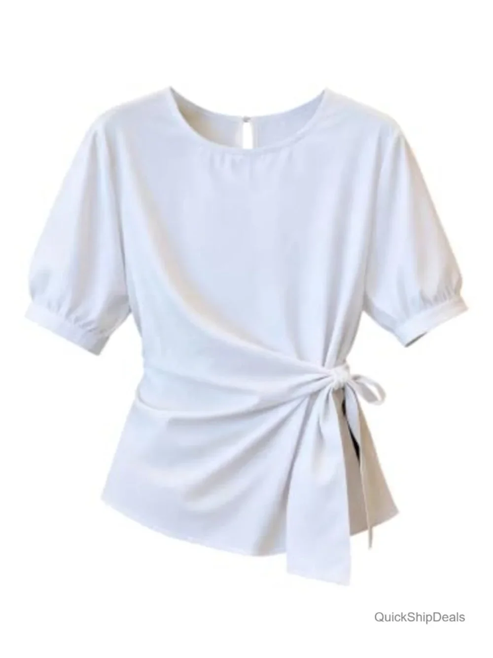 Bow Tie Side Blouse Crew Neck Puff Short Sleeve Dressy Casual Summer Top